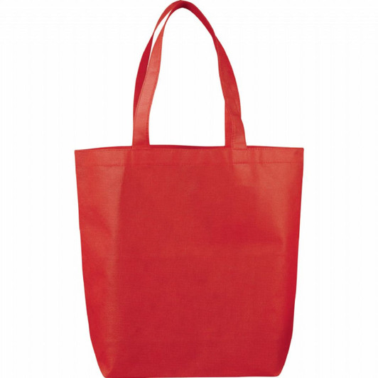 A red non-woven tote bag with two handles and a blank front, featuring a logo.