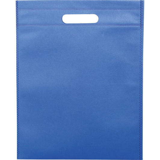 A blue non-woven tote bag with a top handle and a smooth surface. Features a logo or branding.