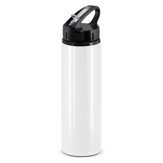 A drink bottle in white with a black flip cap and a handle, featuring a logo on the lid.