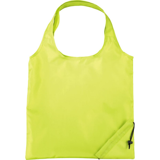 A vibrant lime green foldaway shopper tote bag with a simple design and a logo.