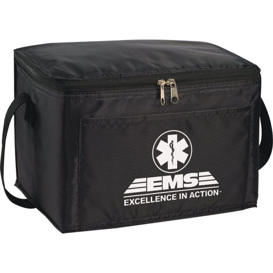 A black lunch cooler bag with a zip closure and a carrying handle, featuring a logo on the front.