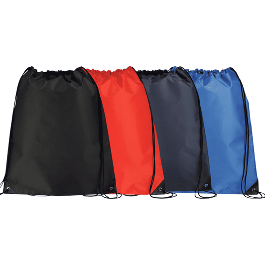 A collection of large drawstring sportspacks in black, red, navy, and blue, each featuring a logo.