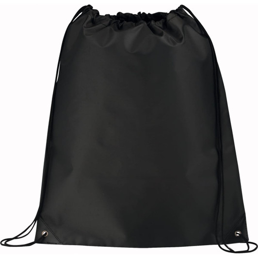 A large drawstring sportspack in black with a cinch closure and reinforced corners. It features a logo on the front.
