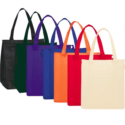 A collection of insulated grocery totes in black, green, purple, blue, orange, red, and cream, showcasing a variety of colours.