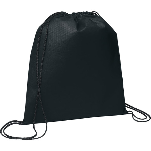 A black non-woven drawstring sportpack with a cinch closure and matching drawstrings, featuring a logo.