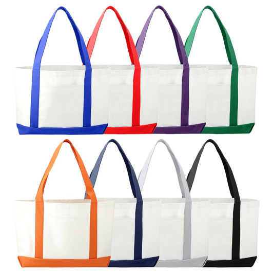 Large boat totes in various colours including blue, red, green, purple, orange, navy, grey, and black, featuring sturdy handles.