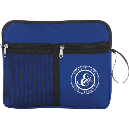 A blue multi-purpose travel bag with a mesh pocket, featuring a logo on the front and a zippered closure.