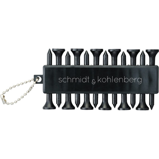 A black golf tee set on a keychain, featuring multiple tees arranged in a compact holder with a logo.