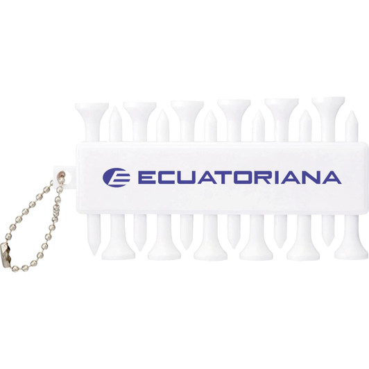 A set of white golf tees attached to a clip with a small chain, featuring a logo on the side.