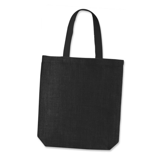 A black jute tote bag with sturdy handles and a simple design. The bag features a logo.