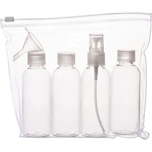 A clear zippered pouch containing four empty bottles and a funnel, all designed for toiletries.