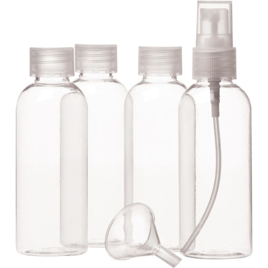 A set of clear plastic bottles with different caps, including a spray bottle and a funnel.