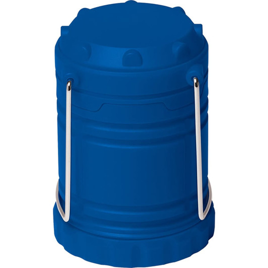 A blue Mini COB Pop Up Lantern with a handle, featuring a cylindrical design and textured surface.