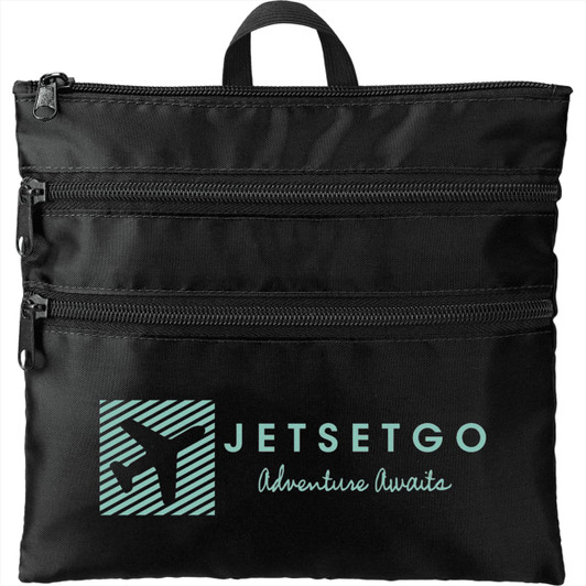 A black travel pouch with three zippered compartments and a logo featuring an aeroplane design.
