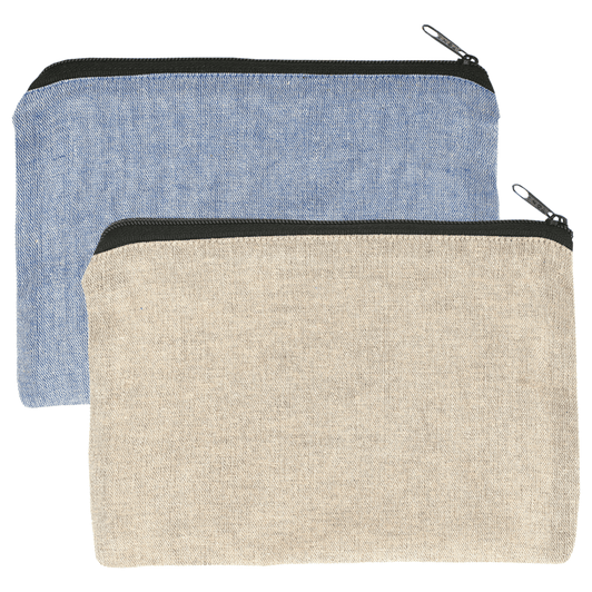 A recycled cotton twill pouch in blue and beige, featuring a zip closure and a brand logo.