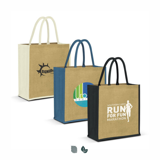 Three jute tote bags in beige, blue, and black, each featuring a different logo or branding design.