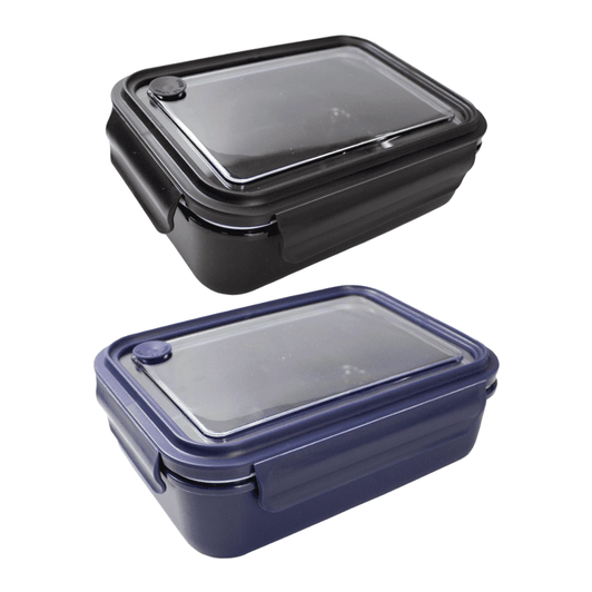 A reusable lunch container in black and navy blue, featuring a secure lid and a logo. Ideal for meals on the go.