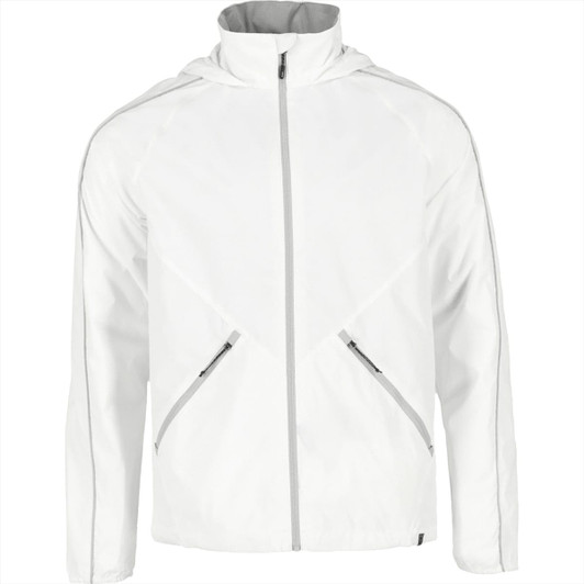 A white packable jacket for men featuring a hood, zip front, and grey accents, with pockets on the sides.