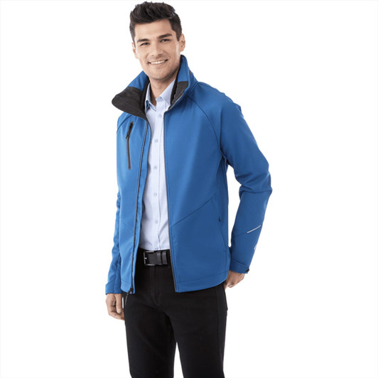 A blue men's softshell jacket with a zippered front and black accents, featuring a logo on the sleeve.