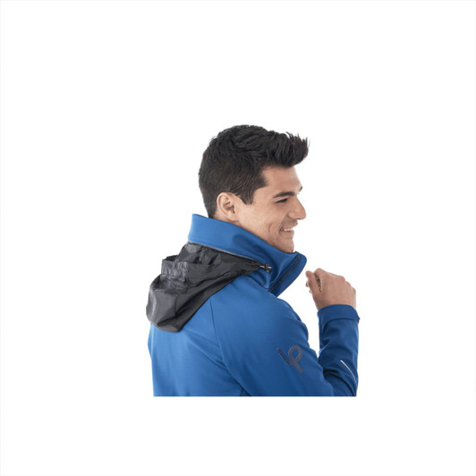 A blue Peyto Softshell Jacket featuring a black hood, with a person wearing it and smiling. The jacket has a logo.
