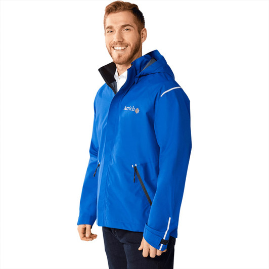 A men's softshell jacket in vibrant blue with a hood and a logo on the front.