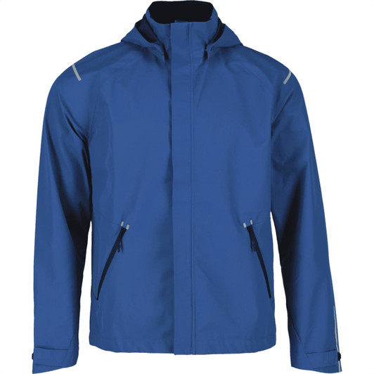 A blue men's softshell jacket featuring a hood, zippered pockets, and reflective accents. It has a logo on it.