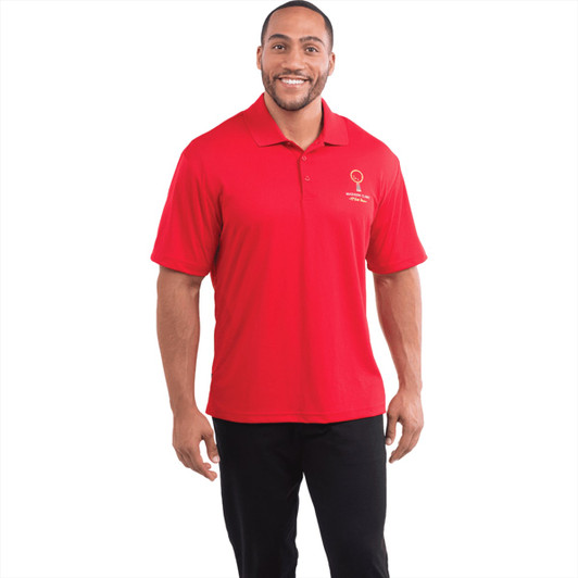A red short sleeve polo shirt for men, featuring a logo on the chest and styled with a collar.
