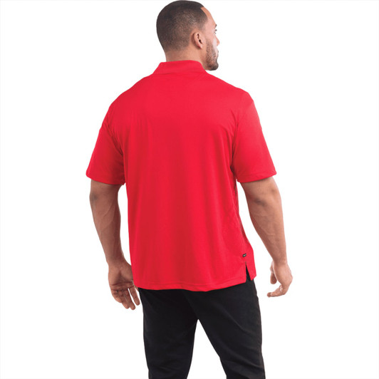 A red men's polo shirt featuring a logo, shown from the back, highlighting its short sleeves and design.