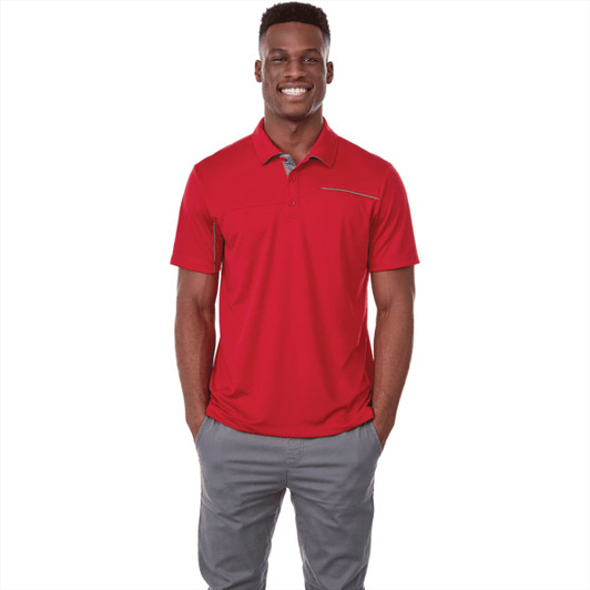 A men's short sleeve polo in red with a contrasting grey detail and a subtle logo.