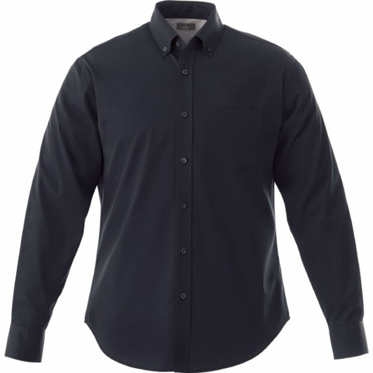 A men's long sleeve button-up shirt in dark grey with a chest pocket and a logo.