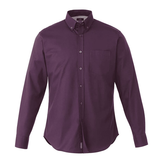 A purple button-up shirt with a collar and a pocket on the left side. It has a logo on the chest area.