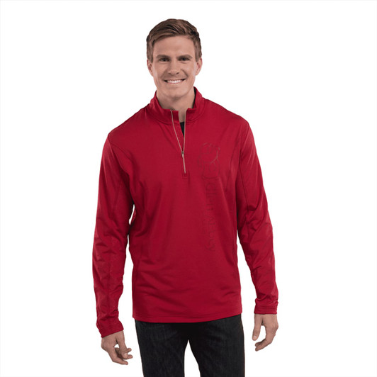 A men's red quarter zip jumper featuring long sleeves and a logo.