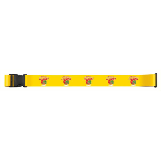 A yellow luggage strap featuring repeated graphics of strawberries and the text "The Juicy Strawberry."