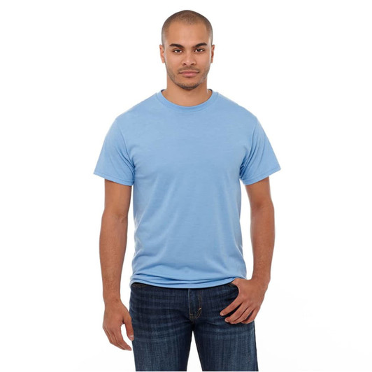 A light blue short sleeve men's t-shirt, featuring a simple design and classic fit. It has a logo on the chest.