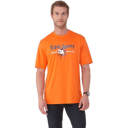 A short sleeve men's tech tee in bright orange with a logo and graphic design on the front.