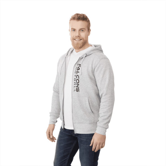 A light grey men's fleece zip hoody with a front logo, styled with a white t-shirt and jeans.