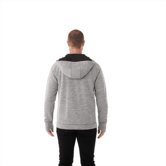 A grey knit zip hoodie with a black hood, featuring long sleeves and a logo on the back.