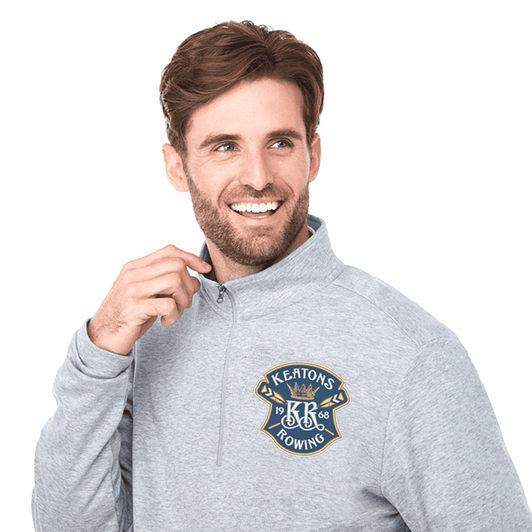 A grey quarter zip jacket for men featuring a logo on the chest.