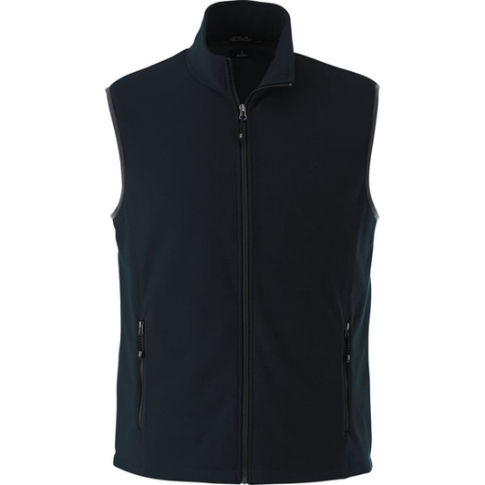 A men's polyfleece vest in dark green, featuring a full zip and two front pockets. Includes a logo on the garment.