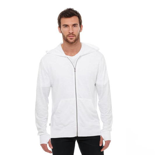 A white full zip hoodie for men, featuring a hood and long sleeves, with a logo on it.