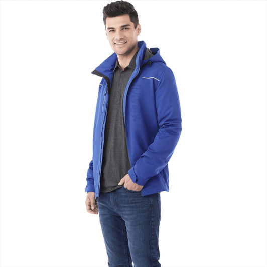 A men's jacket in vibrant blue, featuring a hood, zippered pockets, and a logo on the chest.