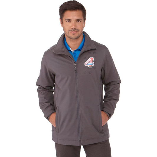 A men's softshell jacket in grey, featuring a front zipper and a logo on the upper left side.