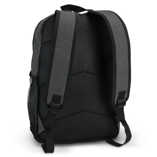 A grey and black Traverse Backpack featuring padded straps and a mesh side pocket. It has a sleek, modern design.