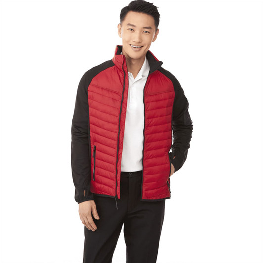 A men's hybrid insulated jacket featuring red and black colours, with a stand-up collar and zippered pockets.