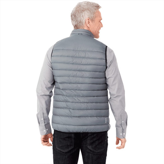 A grey down vest with a quilted design, featuring a high collar and back view of a male model.