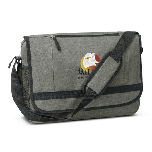 A grey satchel bag with a shoulder strap, featuring a logo on the front.
