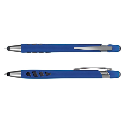 A stylus pen in blue with a sleek design, featuring a silver clip and buttons for added functionality.