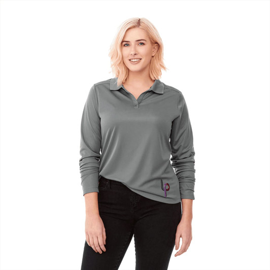 A women's long sleeve polo shirt in grey featuring a collar and a logo.