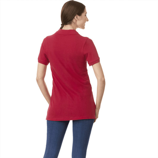 A red women's short sleeve polo shirt with a collar and a branding logo on the back.