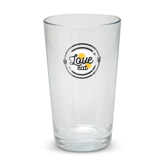 A clear glass tumbler with a circular logo featuring the text "Love eat" in black and yellow.